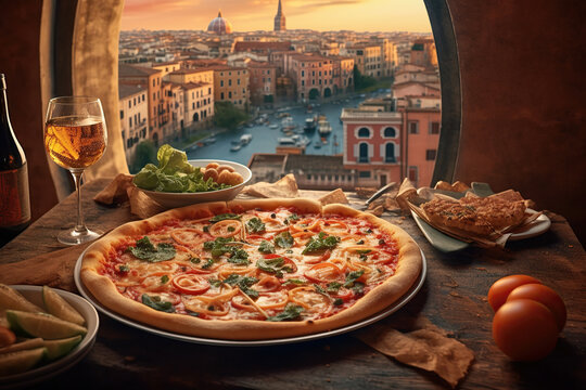 Image of pizza with cheese and tomato and basil in a restaurant with a panoramic view of Rome.