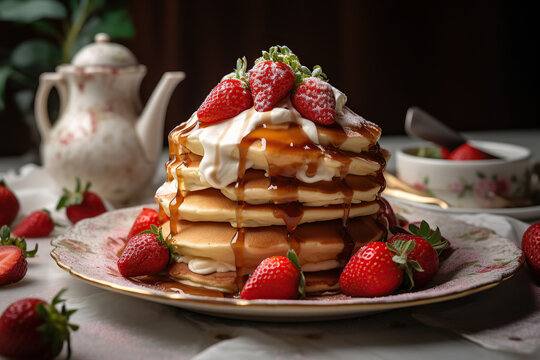 Image of a pancake tower with maple syrup, strawberries, and whipped cream on a porcelain plate and teapot next to it.
