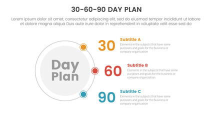 Fototapeta na wymiar 30-60-90 day plan management infographic 3 point stage template with circle and connecting content concept for slide presentation vector