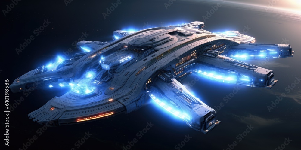 Poster the advanced and futuristic exploratory science carrier spaceship. generative ai aig27.