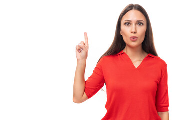 young smart brunette business lady in red t-shirt on white background with copy space