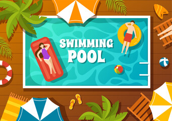 Swimming Pool Vector Illustration with Summer Vacation Landscape Concept and Swim Summer Activity in Flat Cartoon Hand Drawn Background Templates