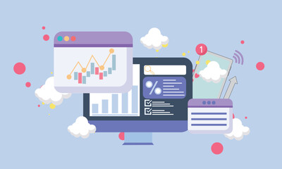 Business data analysis. Stock investment exchange. Financial statistics. Finance Infographic report market analysis. Desktop monitor computer.