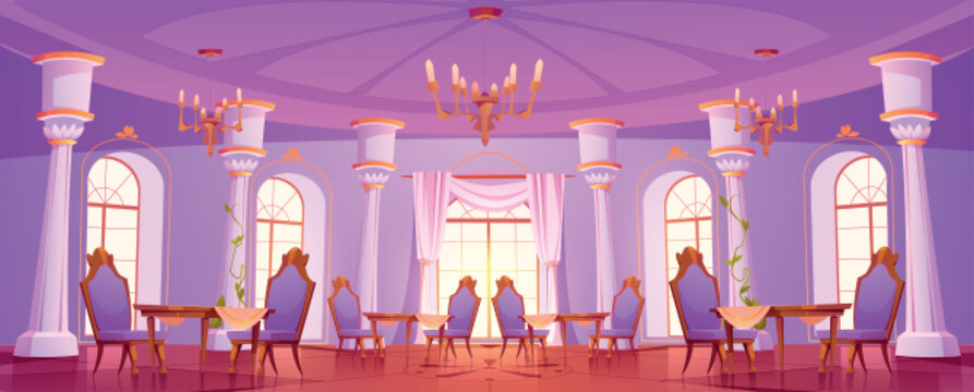 Castle ballroom interior vector royal background. Medieval ball room in palace for dance and dining with window. Golden nobility chandelier on ceiling above table and chair. Magic fantasy illustration