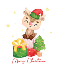 Cute reindeer gift wrapping,  Christmas reindeer singing and holding a songbook, with pine tree and stack of presents merry christmas time, cartoon animal character watercolour
