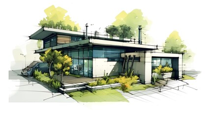 Concept of a sustainable family house project. The integration of environmental friendly elements into residential architecture, symbolizing a commitment towards eco conscious living. Generative AI