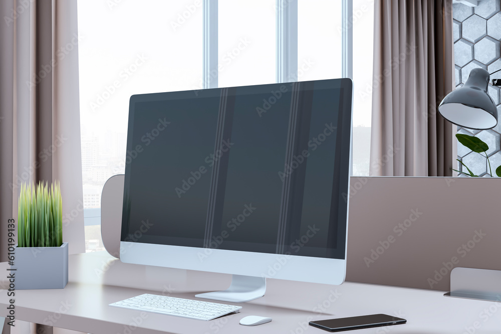 Poster modern designer office interior with decorative wall, empty computer screen and other items. mock up