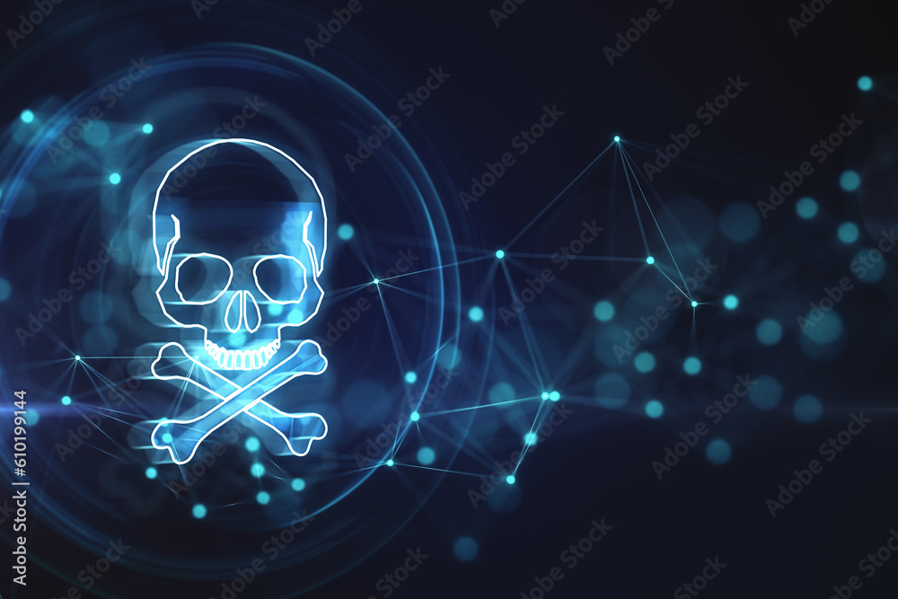 Poster Glowing blue skull and bones digital illustration, dark screen texture background, hacking attack and piracy concept. 3D Rendering