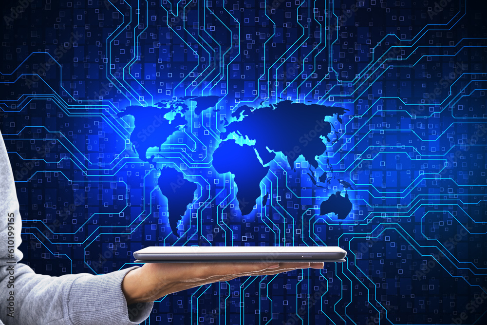 Poster innovation, mobile control and global data concept with digital tablet on human hand on bright blue 
