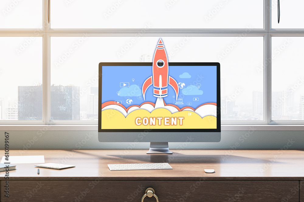 Poster Close up of laptop with spaceship and content concept at office workplace. Content marketing concepts for web banner and printed materials. Blurry window with city view background. 3D Rendering.