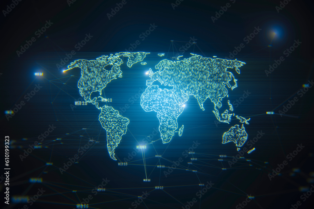 Aufkleber Internet connection technology and big data concept with digital world map silhouette covered by glowing pixels and web signs on abstract dark background. 3D rendering