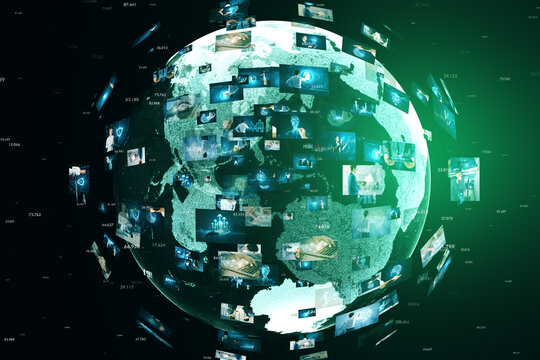 Creative globe with telecommunication picture icons on green background. Business, video conference, remote group work.