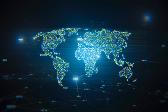 Internet connection technology and big data concept with digital world map silhouette covered by glowing pixels and web signs on abstract dark background. 3D rendering