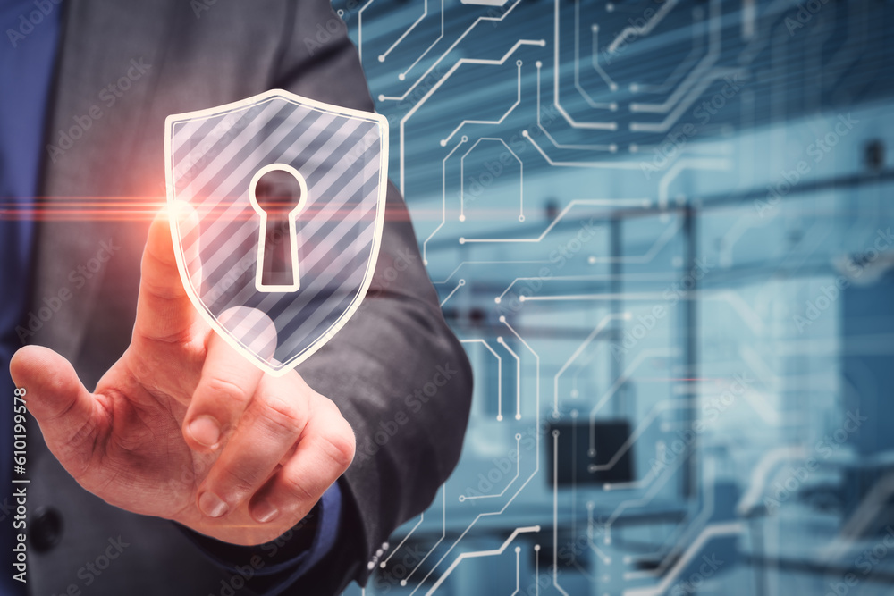 Poster Private information protection and cyber security concept with businessman touching virtual screen with digital shield symbol on abstract office with microcircuit background