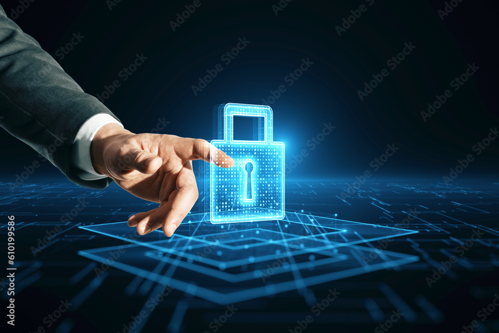 Poster Cyber security, cyberattack and digital protection concept with businessman finger touching virtual closed padlock symbol on abstract dark technological background