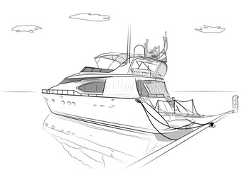 Motor yacht type, hand drawn doodle, sketch, black and white vector illustration