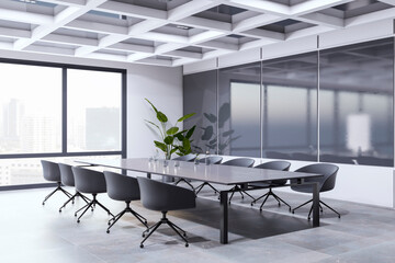 Contemporary conference room interior with furniture, concrete flooring and window and city view. 3D Rendering.
