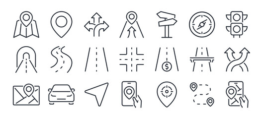 Navigation and roads related editable stroke outline icons set isolated on white background flat vector illustration. Pixel perfect. 64 x 64.