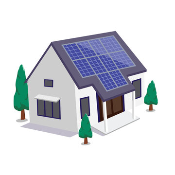 Smart home concept, Family house with solar panels, renewable green energy. Buildings illustrations in dimetric isometric view in 3d cartoon style. Isolated vector illustration on white.
