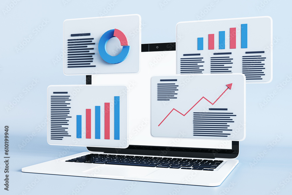 Poster Stats data and digital marketing concept with perspective view on light cards with project statistics, sales charts and finance reports on modern light laptop background. 3D rendering