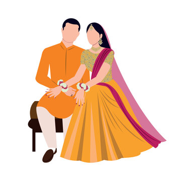 Vector vector cute indian couple cartoon in traditional dress posing for wedding invitation card design	