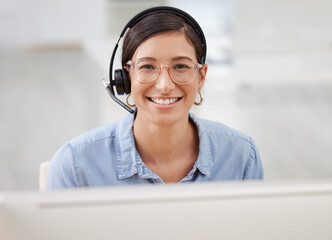 Call center, happy portrait and woman worker with a smile from customer service and web help....