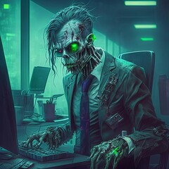 Zombie worker. Illustration of concept "Tired to death". Generative AI.