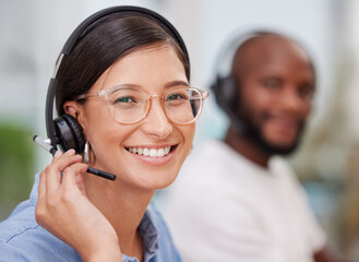 Crm, portrait and woman employee with smile for customer service, help or telemarketing. Face,...
