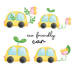 Eco friendly, group of cute eco car, save our planet banner, save energy, watercolor painting.