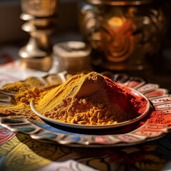cumin powder mixed with other colorful spices on a patterned plate