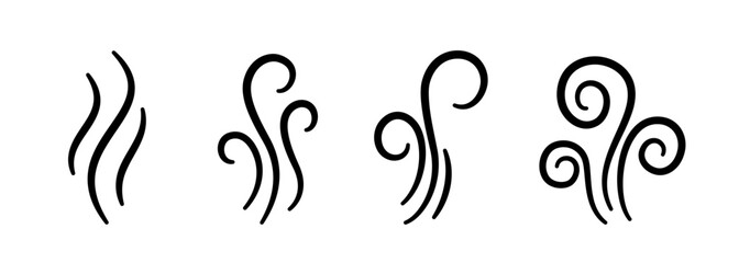 Doodle smoke icons set. Water steam symbols. Hand drawn hot vapors. Line air smell symbols. Doodle fire smoke icons. Vector illustration isolated on white background.