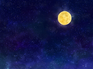 Full moon and night sky drawn with digital watercolor