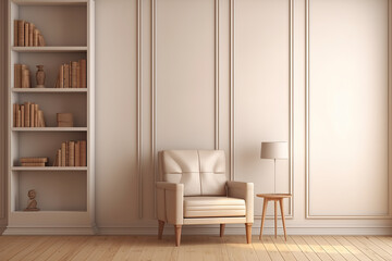 Fototapeta na wymiar A wooden chair and shelves in a room with beige colors. Minimalist interior decoration concept. Generative AI