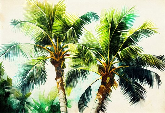 beautiful tropical palm trees, closeup , watercolor style Generative AI