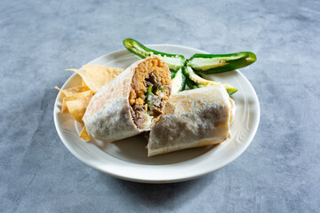 A view of a carne asada burrito.