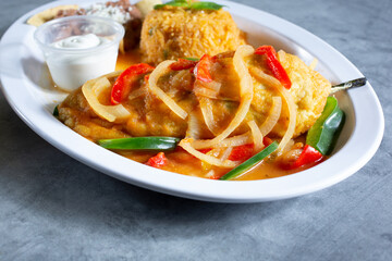 A view of a plate of chile relleno.