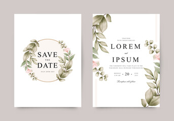 Elegant wedding invitation with watercolor leaves and flowers
