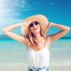 Naklejka premium Happy young woman on a tropical beach looking happy and joyful. Summer vacation, travel and happiness. Shallow field of view. Illustrative Generative AI. Not a real person 