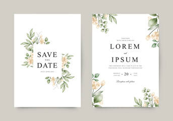 Beautiful wedding invitation template with yellow flowers and green leaves