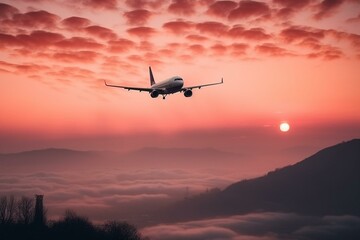 airplane in the pink sky, scenic view Generative AI