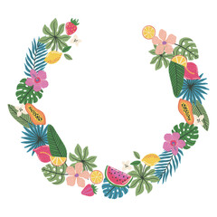 Vector cute hand drawn illustration with palm leaves, tropical flowers and wreath shaped ice cream.