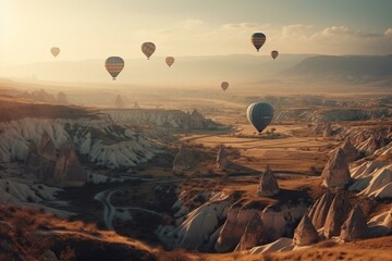 air ballons in Cappadocia on the sunset, cinematic view Generative AI