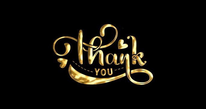 Thank you animation. Handwritten calligraphy with ink streaks and particles in golden texture on the black screen alpha channel transparent. Suitable for events, celebrations, greetings, and festivals