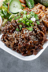 A closeup view of an entree of teriyaki beef and chicken.
