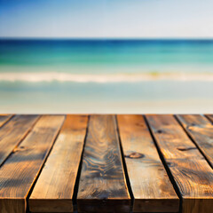 Selective focus, Wood table top on soft focus sea view background. For montage product display. generative ai. - 610202326