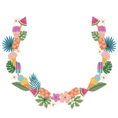 Vector cute hand drawn illustration with palm leaves, tropical flowers and wreath shaped ice cream.