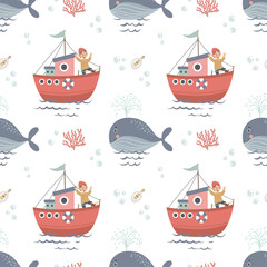 Seamless background with cute underwater inhabitants and a ship. Creative children's background. Ideal for baby clothes, fabrics, textiles, baby decorations, wrapping paper. Vector illustration