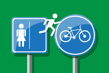 Pictogram of a man from a restroom sign jumping onto a bike path sign.