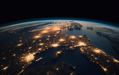 Satellite view of earth with bright metropolis lights - ai generative