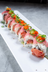 A view of a spicy tuna sushi roll.